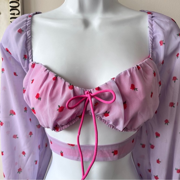 Glamaker Girlhood Purple Red Floral Print Corset Long Sleeve Crop Top Size L - Picture 5 of 9